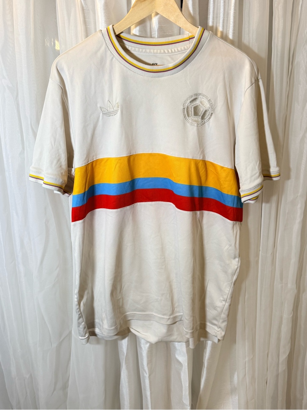 adidas Columbia Soccer White T-Shirt with Yellow, Blue & Red Stripes
